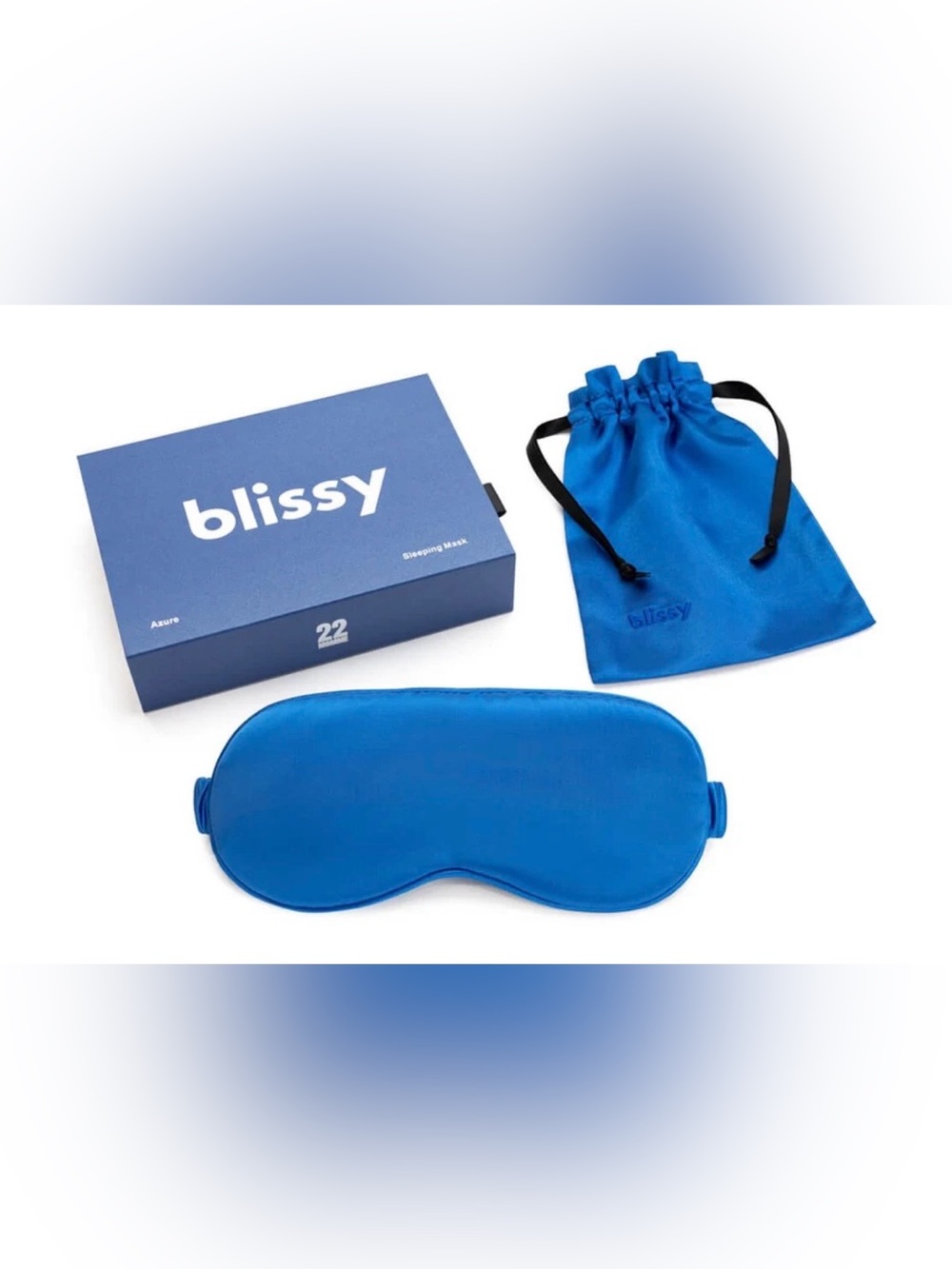 Blissy Azure 100% Mulberry Silk Eye Mask with Matching Blue Drawstring Pouch NIB